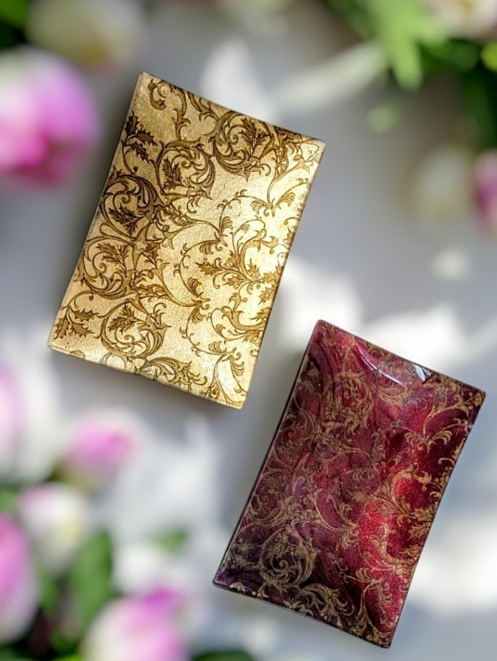 Vintage Ornate Florentine Scroll Gold & Burgundy Trinket Dish Catch All Jewelry